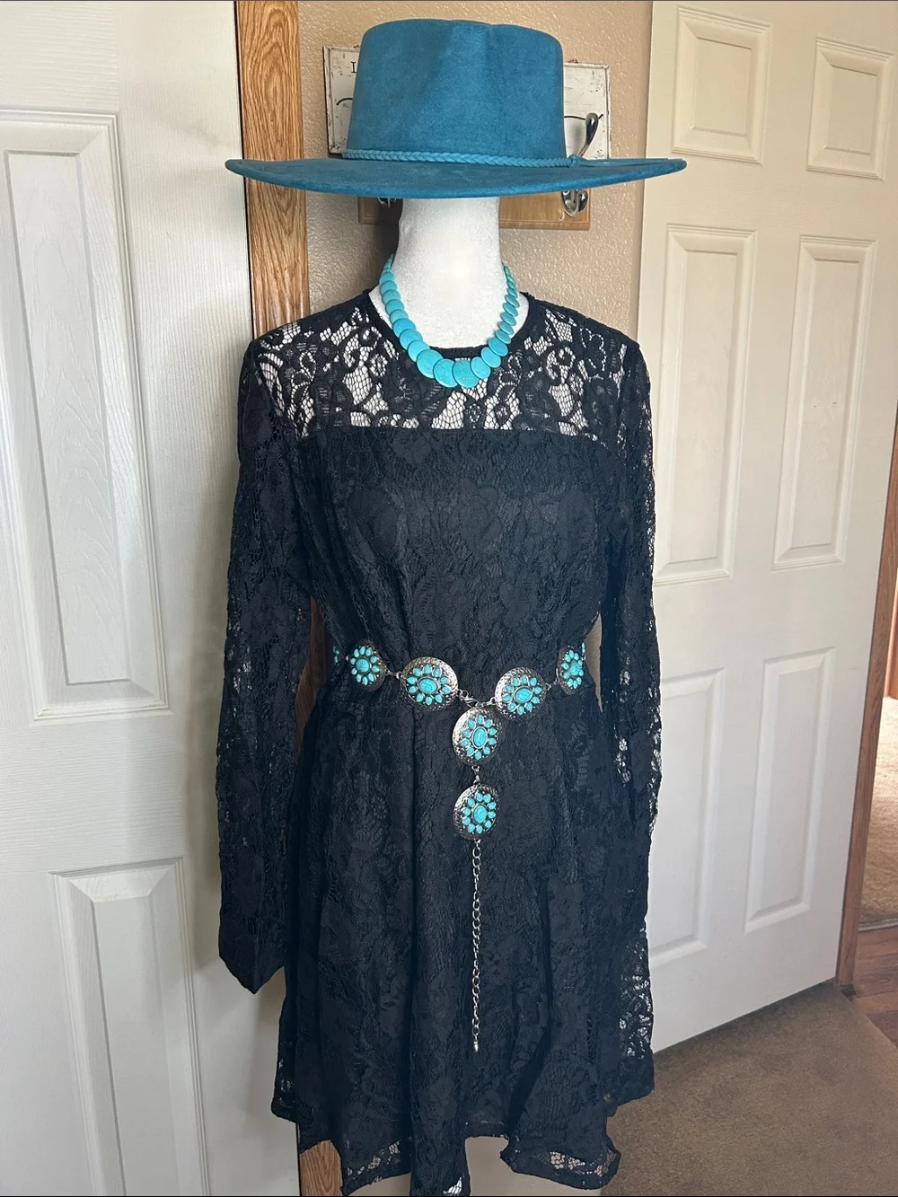 Black Lace Long-Sleeve A-Line Dress
